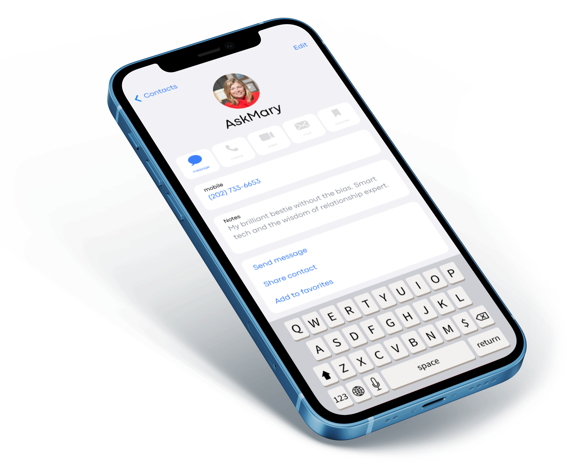 Phone contacts screen showing AskMary contact card